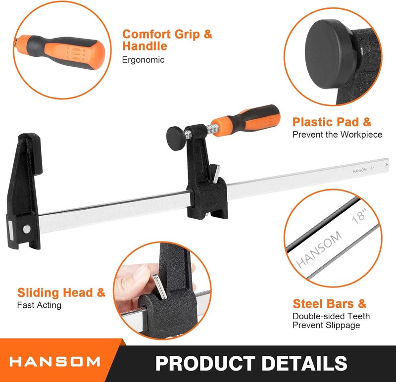 HANSOM 4-Pack 18 inch Bar Clamps,Long Wood Clamps Heavy Duty Force 600 Lbs Adjustable and Release Quickly,Woodworking Clamps Throat Depth 2.5 inch with Plastic Handle - Image 4